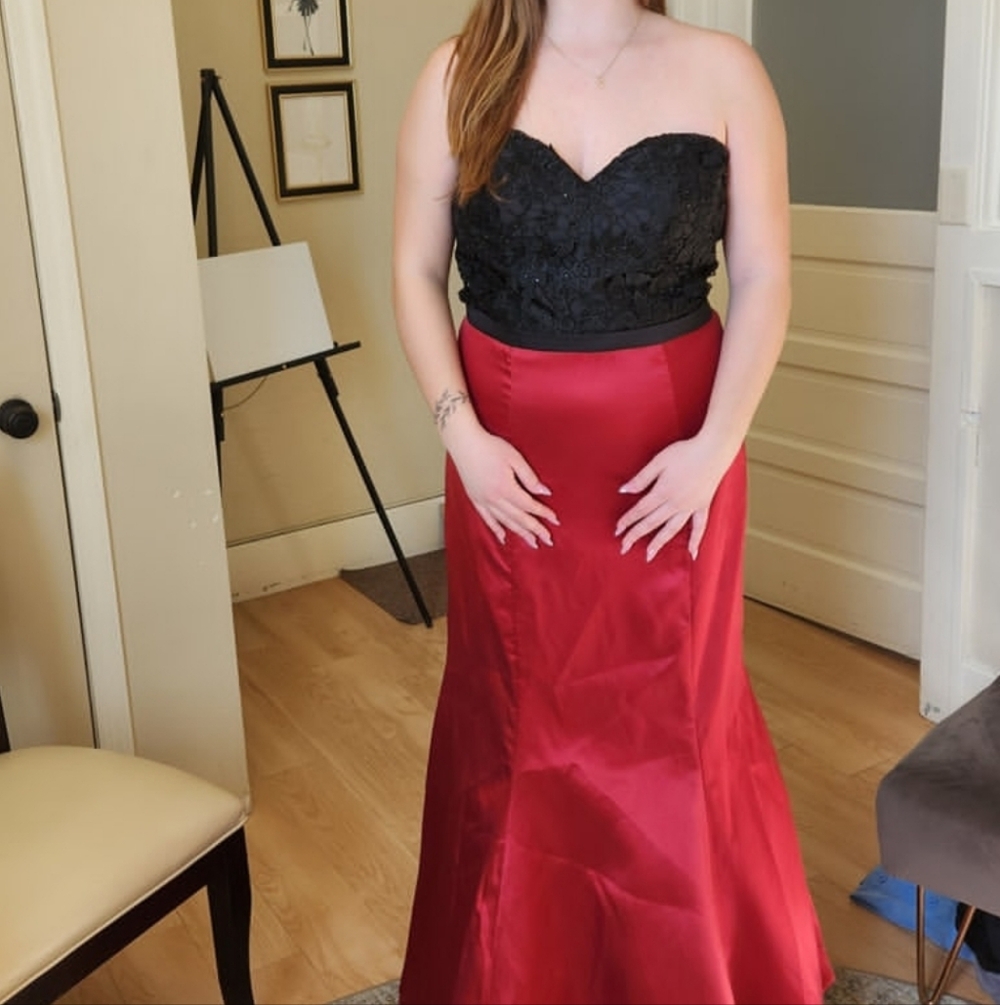 Size 14 black crystal lace burgundy trumpet gown by Sydney's Closet NWOT